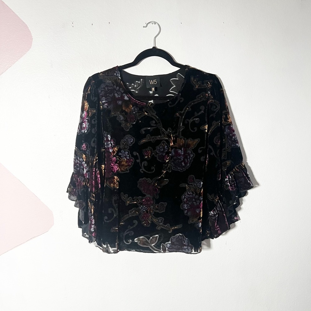 Black Burnout Velvet Top Medium Purple Floral Ruffle Sleeve Whimsigoth